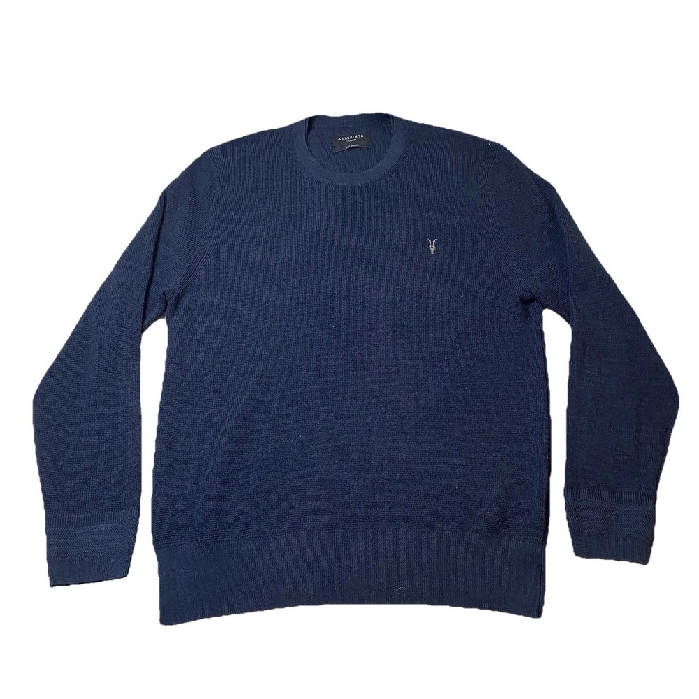 AllSaints Sweater Mens XL Blue 100% Merino Wool Crewneck Ramskull Logo Pullover